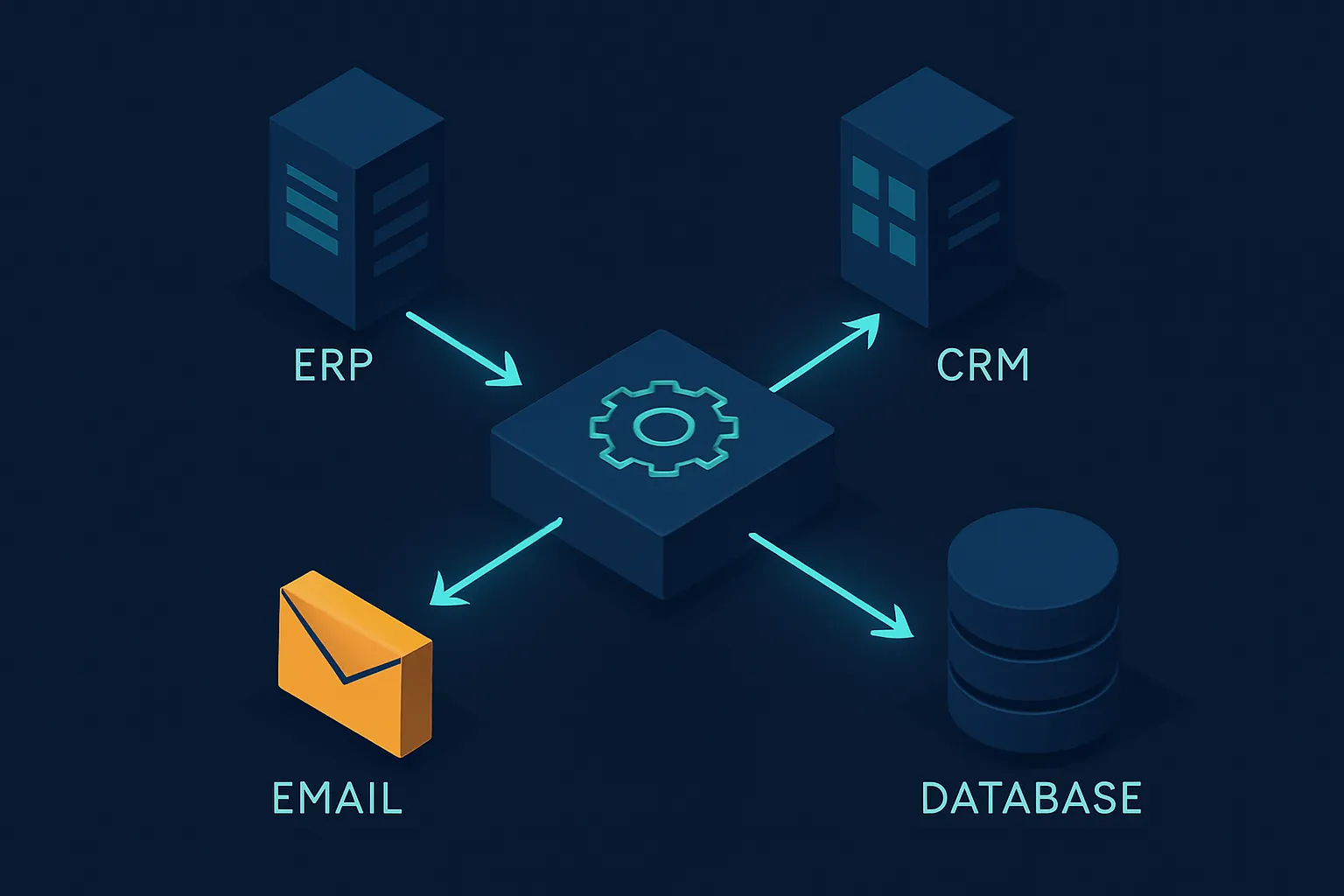 Diagrama isométrico de un motor de automatización conectando módulos de ERP, CRM, correo y base de datos