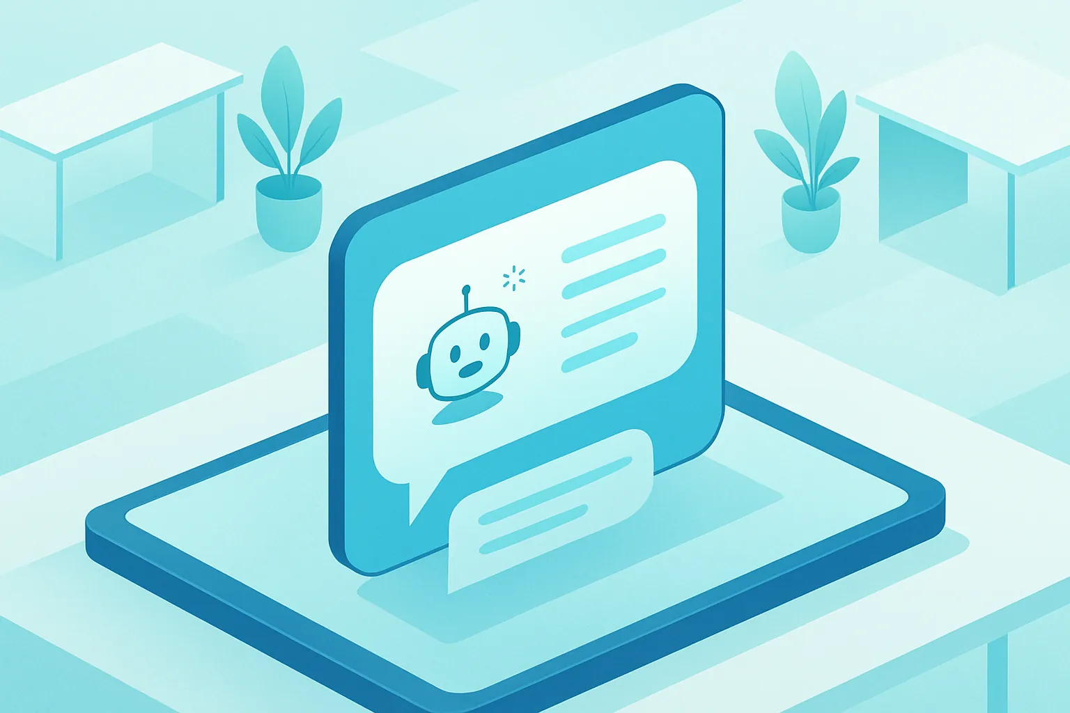 Ilustración de un chatbot de inteligencia artificial conversando con un cliente en una interfaz de negocio