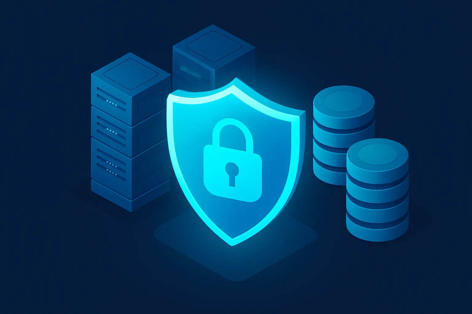 Escudo de protección con candado resguardando servidores y bases de datos