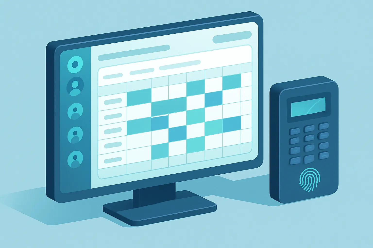 Ilustración isométrica de un dashboard de control de asistencia con relojes checadores conectados y turnos de empleados