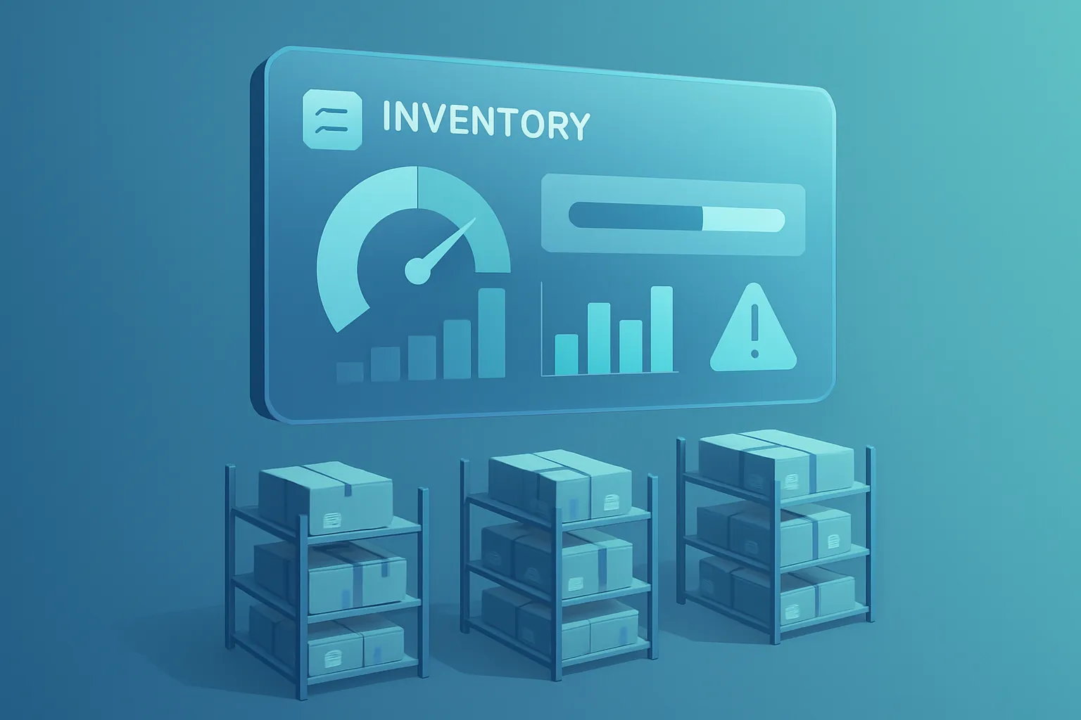 Ilustración de un almacén con tablero digital de control de inventario en tiempo real