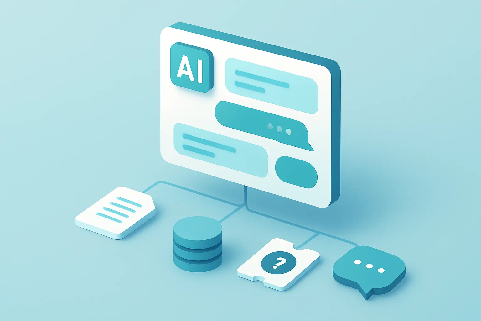Ilustración isométrica de un asistente de inteligencia artificial conectado a documentos, bases de datos y sistemas de una empresa