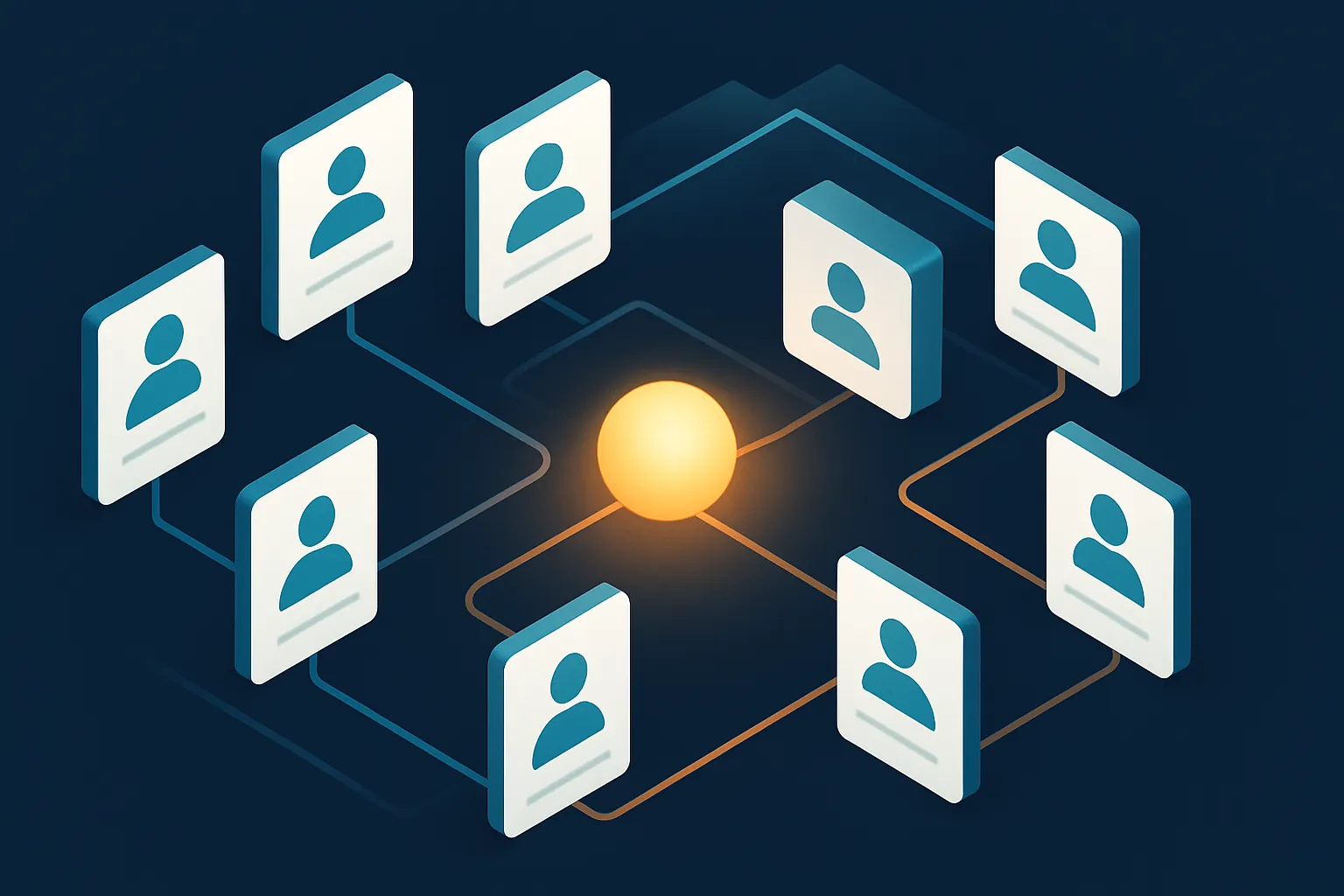 Tarjetas de clientes conectadas a un hub central de CRM