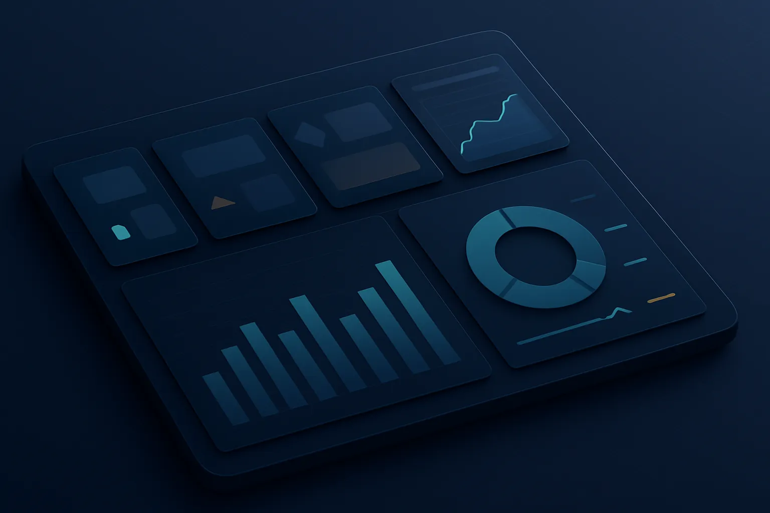 Dashboard ejecutivo de Business Intelligence con KPIs y gráficas en paleta azul marino