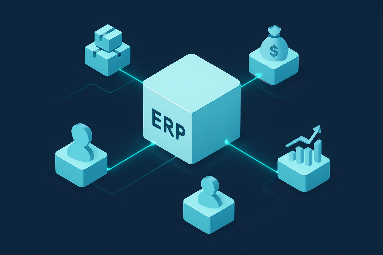 Hub central de ERP conectando módulos de finanzas, ventas, inventario y RH