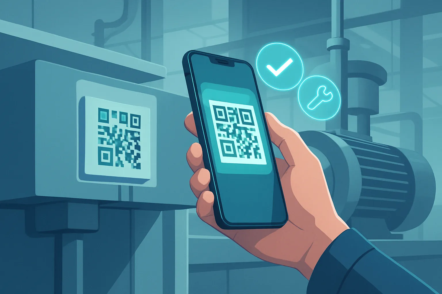 Técnico escaneando el código QR de una máquina para registrar una revisión de mantenimiento