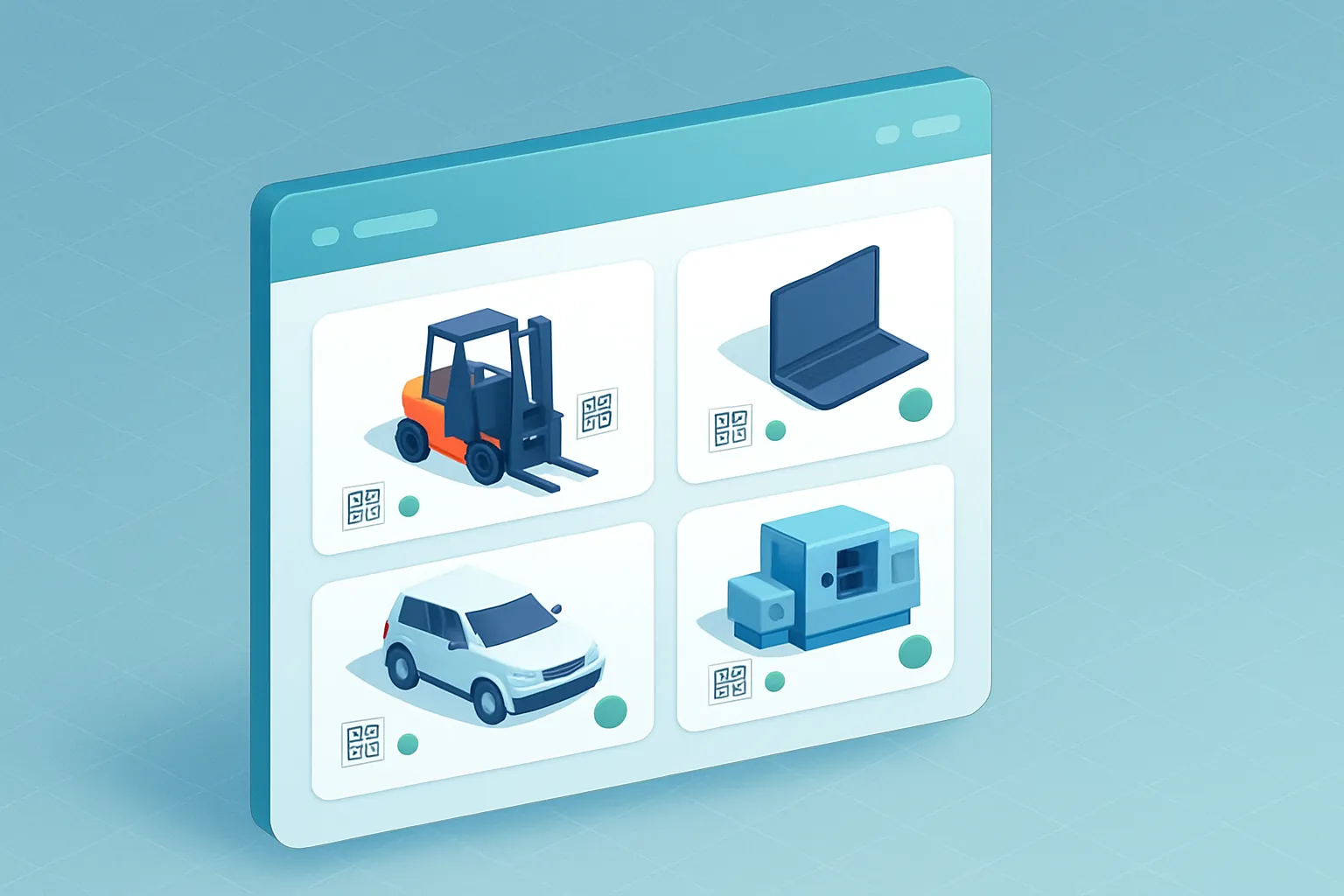 Ilustración isométrica de un dashboard de gestión de activos con equipos etiquetados, código QR y estado de mantenimiento