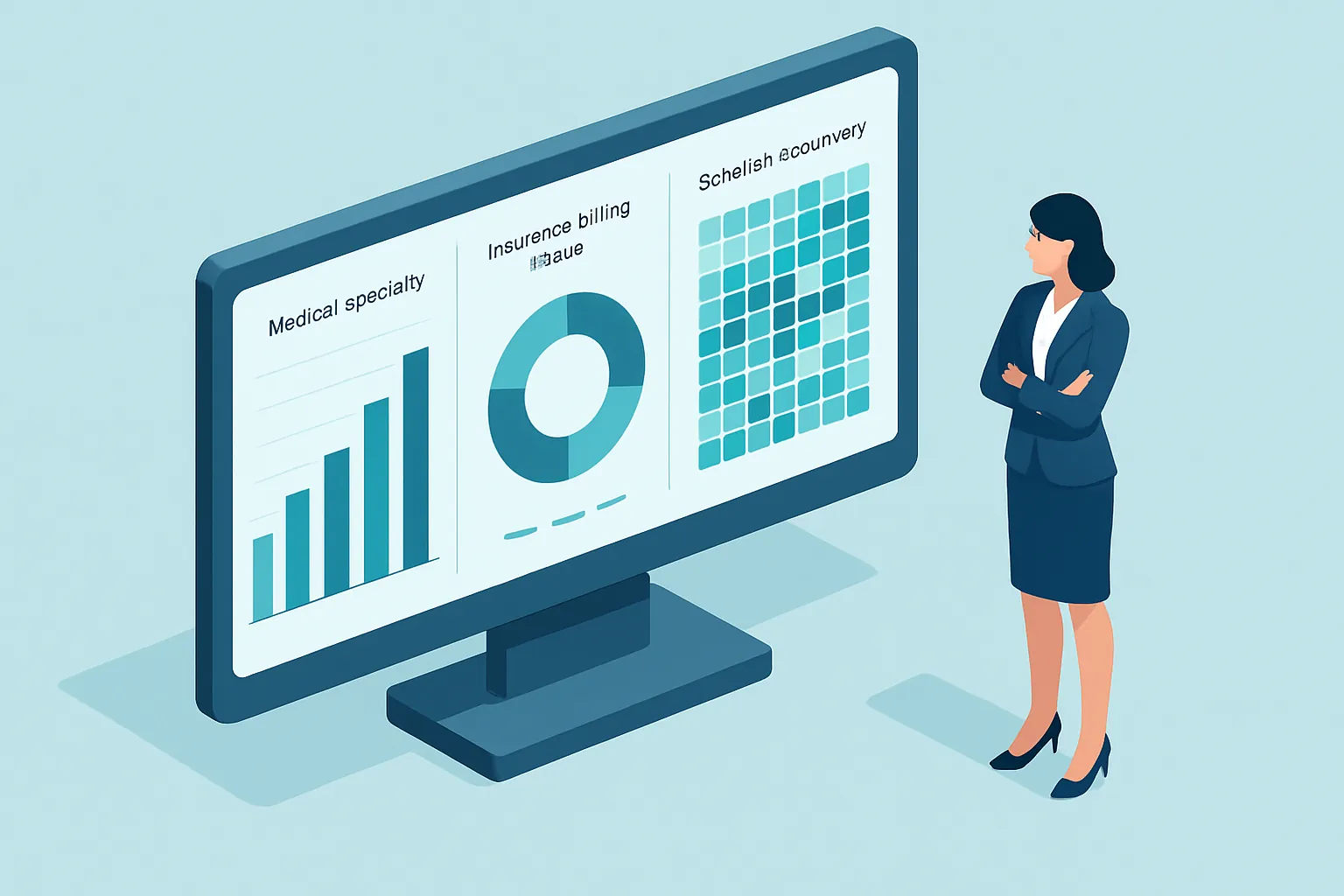 Dashboard clínico mostrando ingresos por especialidad, estatus de cobros a aseguradoras y ocupación de agenda