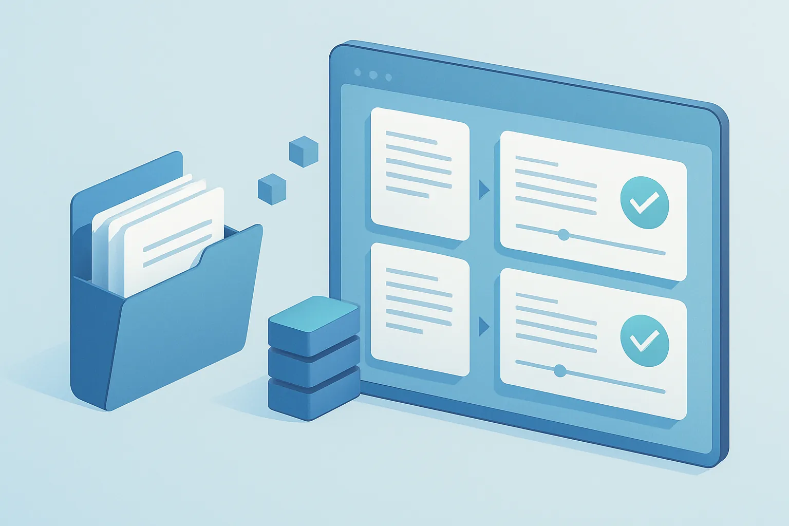 Ilustración isométrica de carpetas de documentos transformándose en tarjetas digitales organizadas con marcas de aprobación y líneas de tiempo de renovación