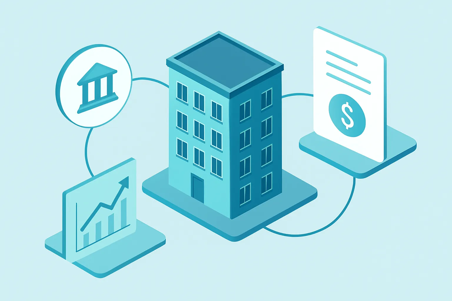 Ilustración de un flujo digital de cobro de rentas con un edificio, íconos de pago y una gráfica ascendente