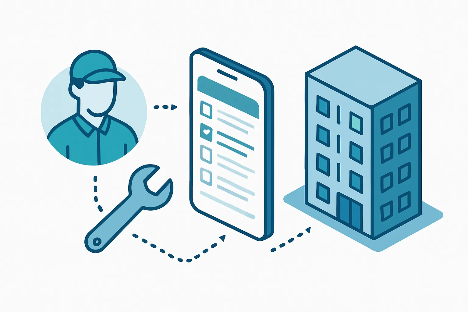 Ilustración de un flujo de tickets de mantenimiento con un técnico, herramientas y una app móvil de solicitudes