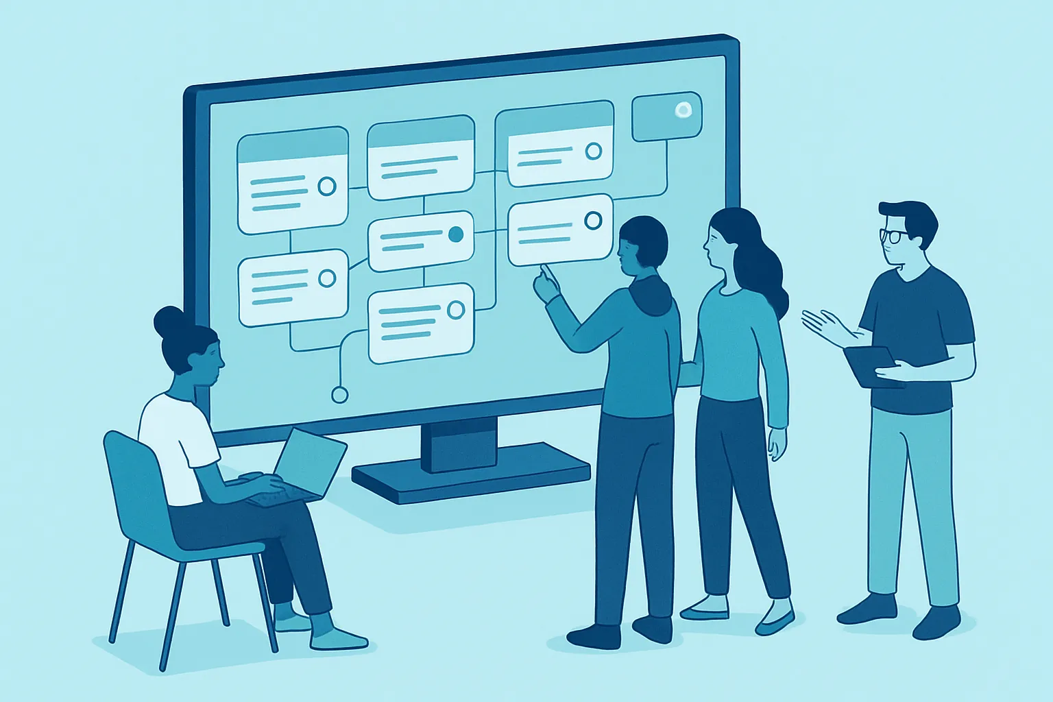 Equipo colaborando alrededor de un tablero digital de proyectos compartido