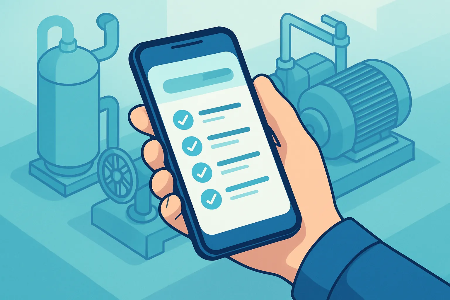 Técnico usando una app móvil con checklist de orden de trabajo en campo