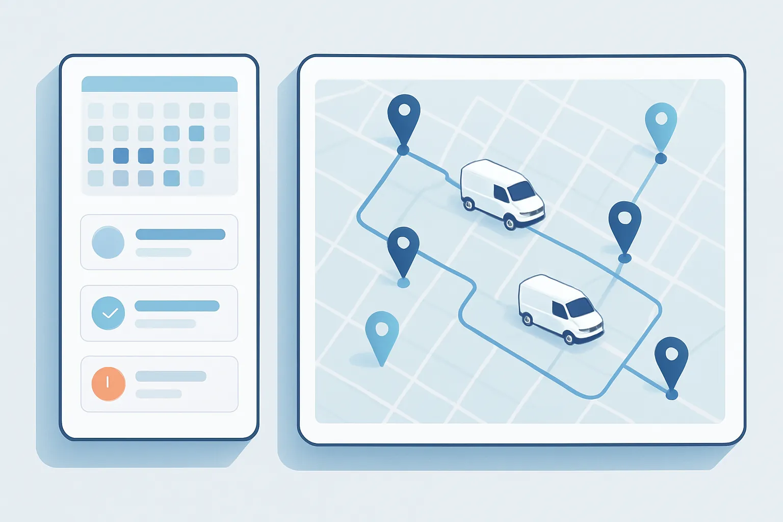 Ilustración isométrica de un dashboard de despacho de técnicos con mapa de rutas y unidades en tiempo real