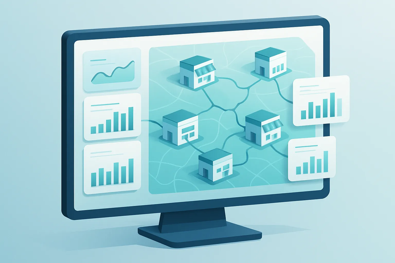 Ilustración isométrica de un dashboard corporativo mostrando varias sucursales conectadas con indicadores de ventas e inventario