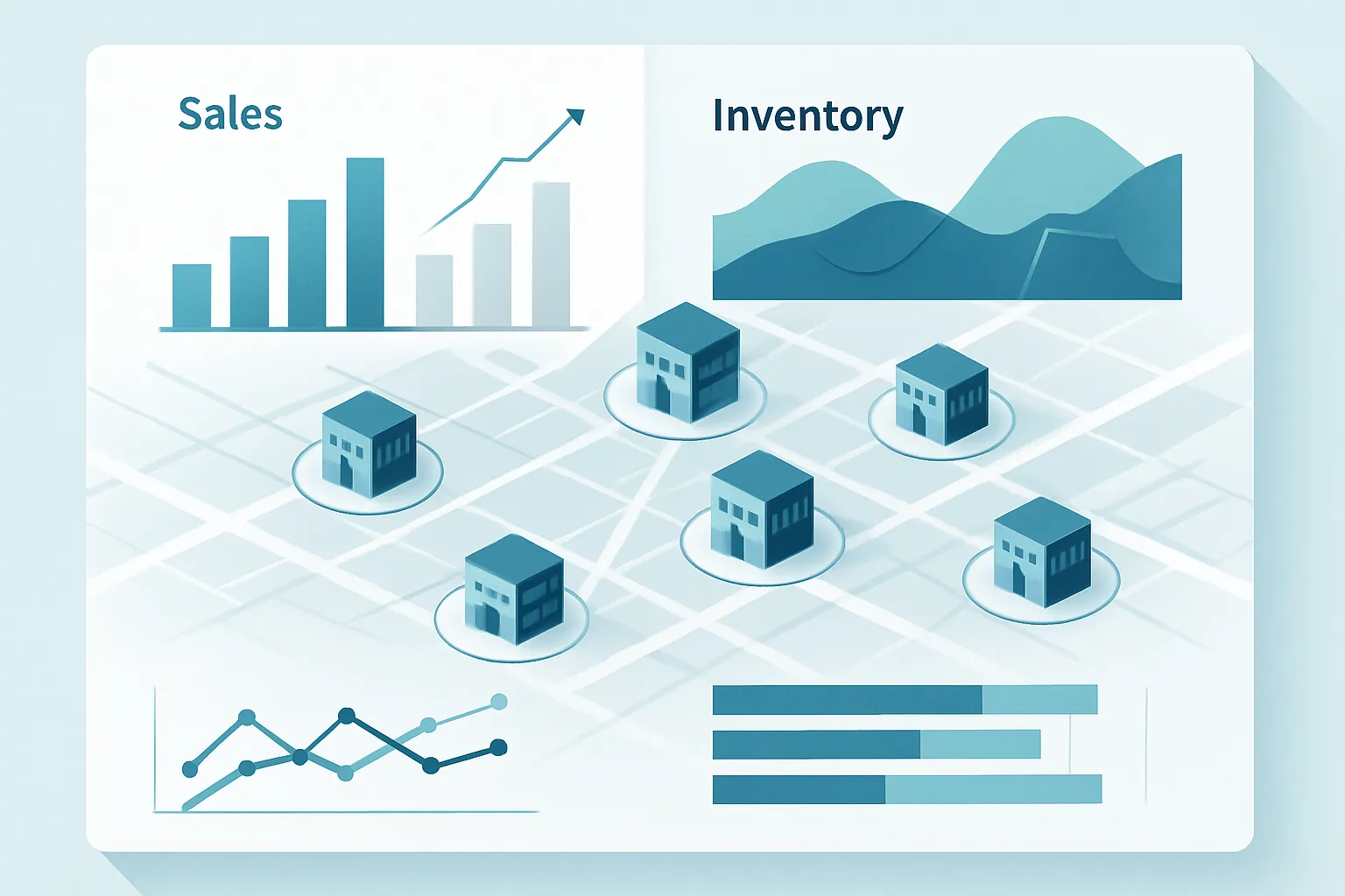 Tablero corporativo comparando ventas e inventario de varias sucursales y franquicias en un mapa