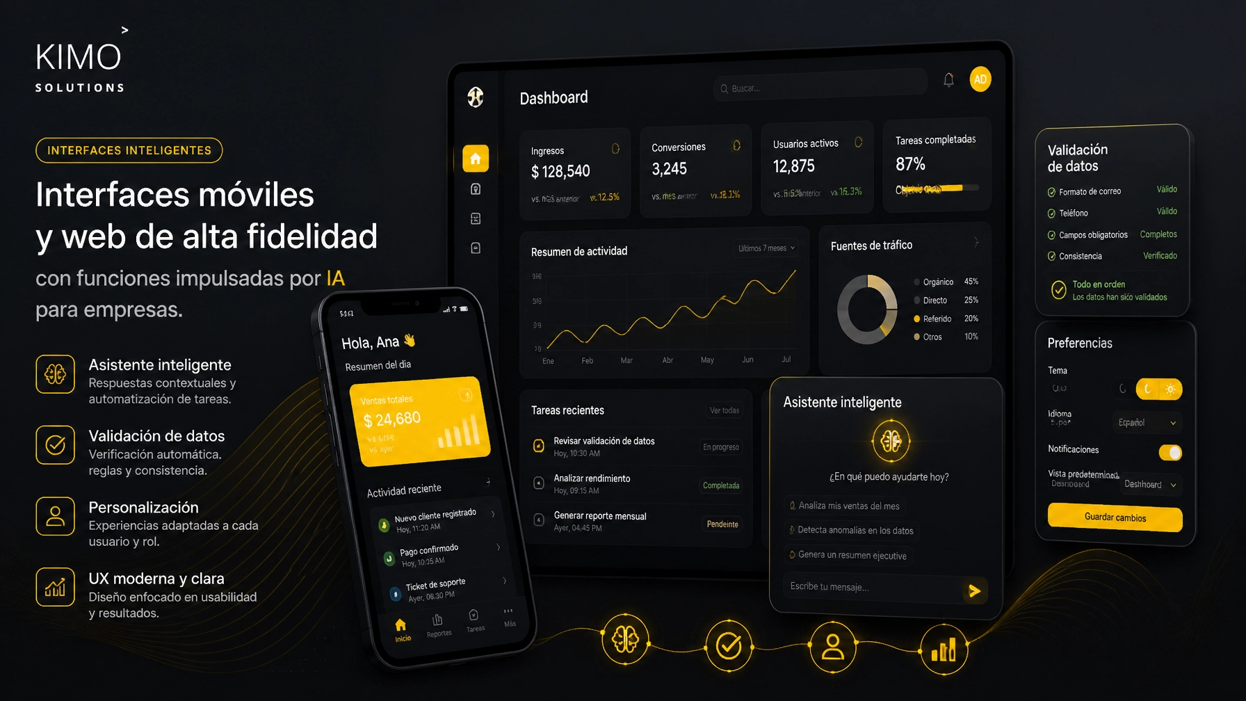 Mobile and web interface mockups with intelligent assistants, data validation and enterprise UX