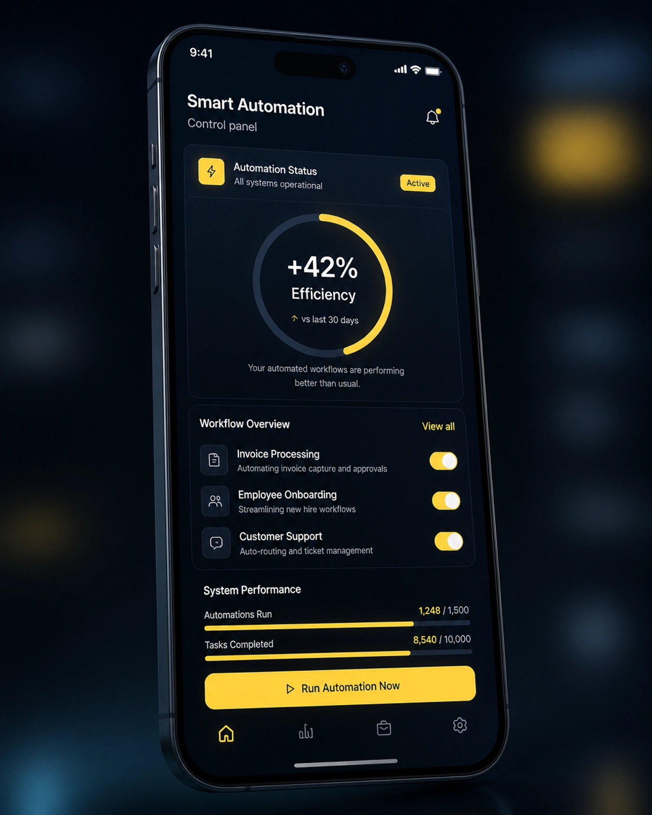 Mockup de aplicación móvil que muestra indicadores de eficiencia operativa y automatización inteligente