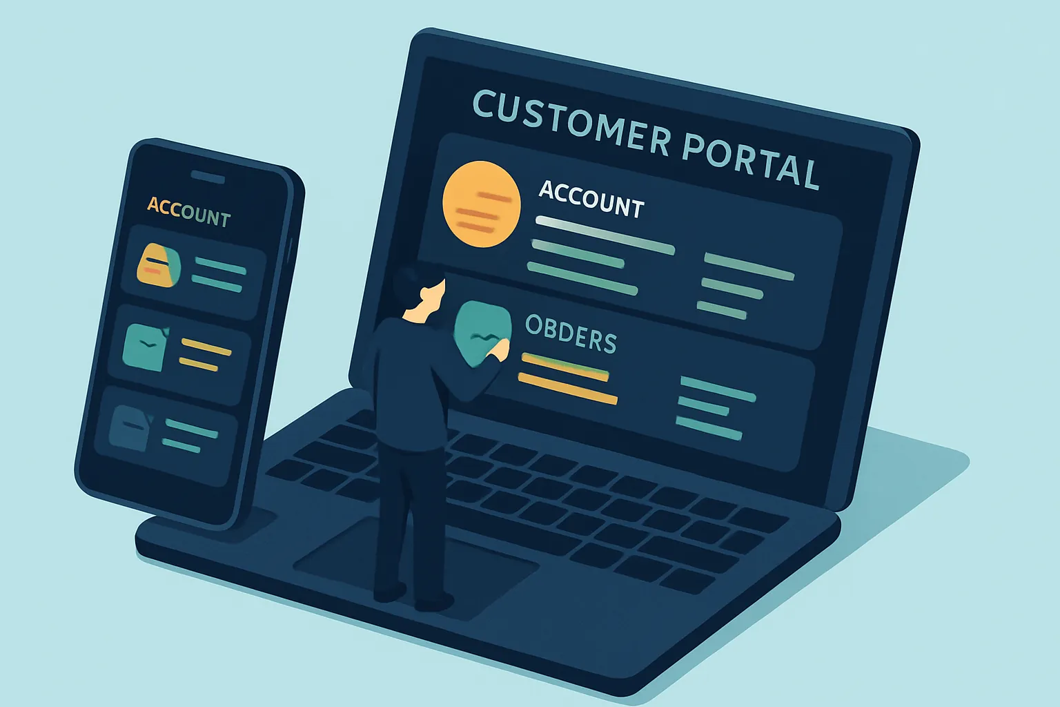 Portal de clientes en laptop y celular mostrando cuenta, pedidos y documentos