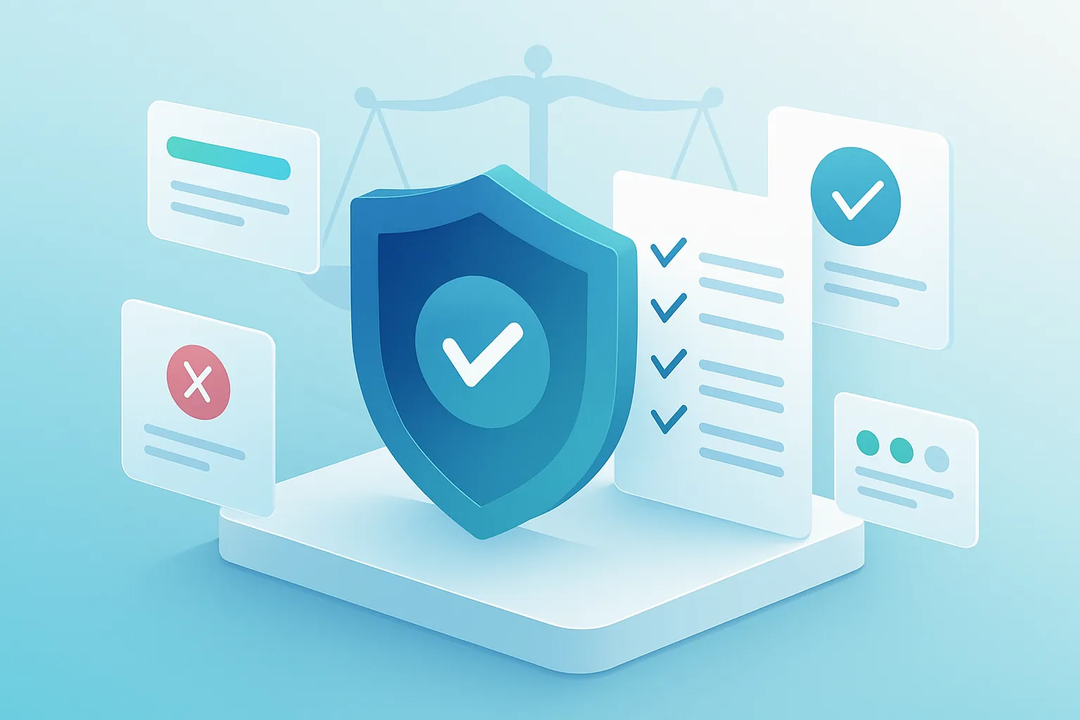Panel de cumplimiento de privacidad con un escudo, un documento con visto bueno y engranes de proceso, en tonos azul y turquesa