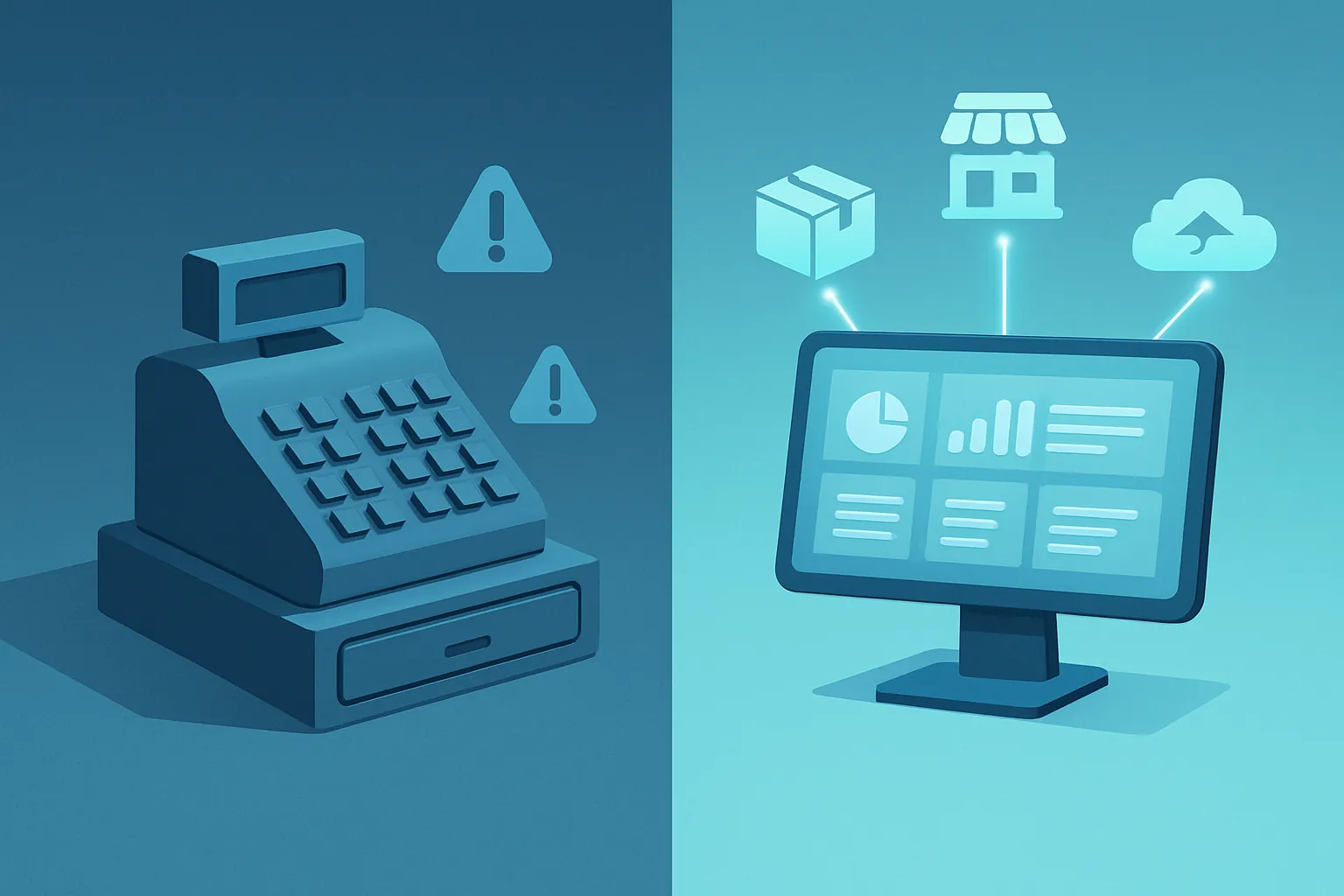 Antes y después: caja registradora aislada versus punto de venta conectado a inventario y sucursales
