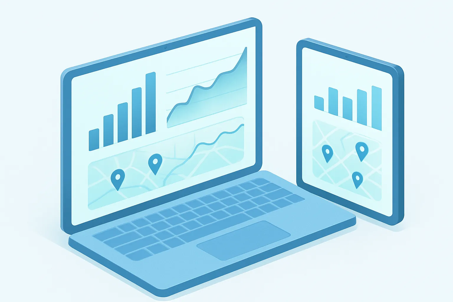 Dashboard de ventas multisucursal en laptop y tablet con gráficas y mapa de tiendas