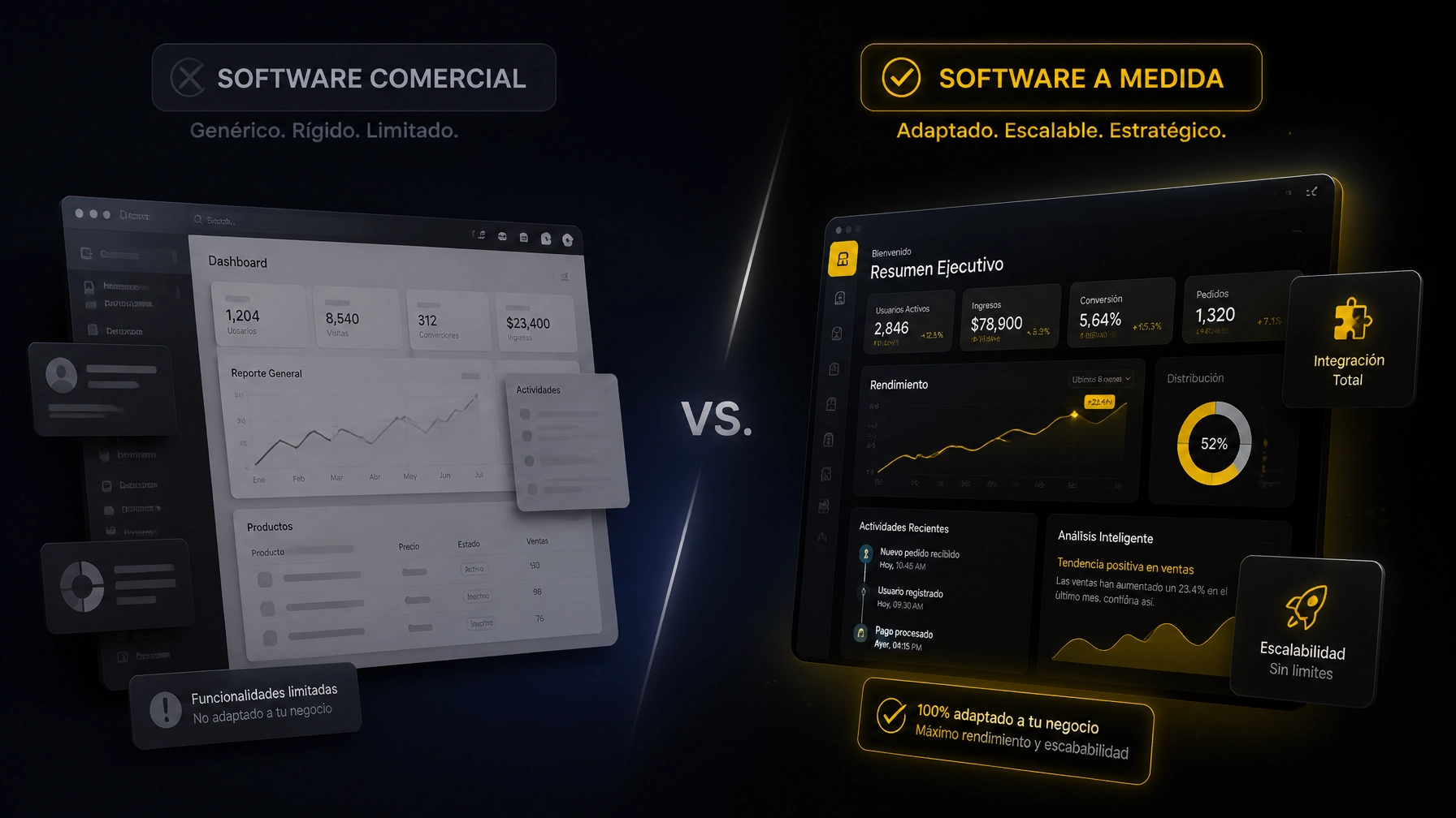 Comparativa visual entre software comercial rígido y software a medida optimizado