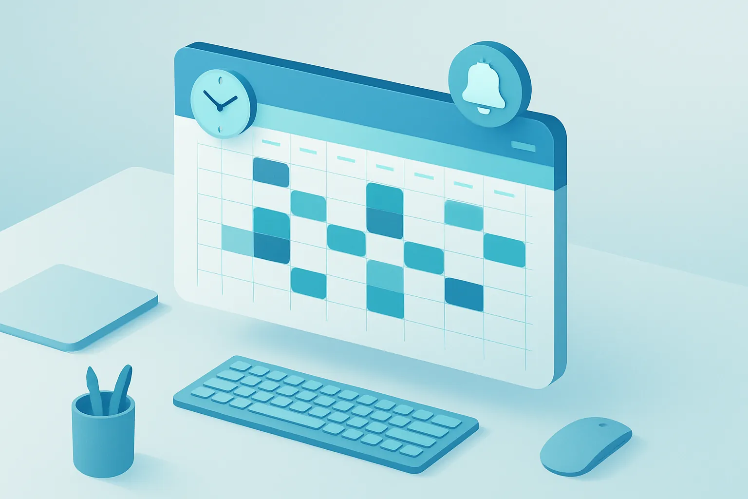 Ilustración isométrica de un calendario digital con citas organizadas, recordatorios automáticos y varios profesionales agendados