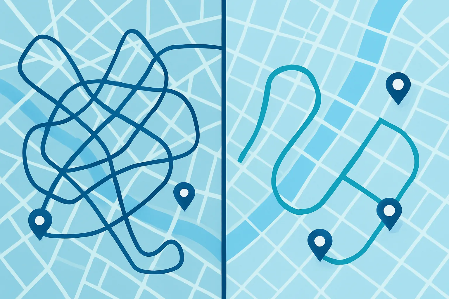 Comparativa antes y después mostrando rutas dispersas y desordenadas transformándose en rutas optimizadas y agrupadas
