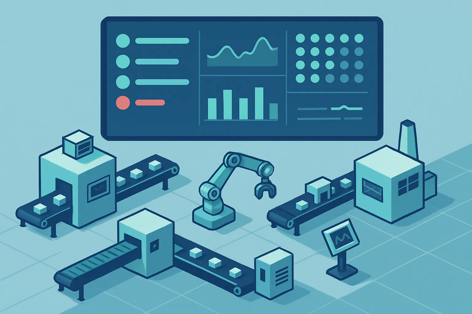 Dashboard de control de producción en planta con líneas de manufactura e indicadores en tiempo real