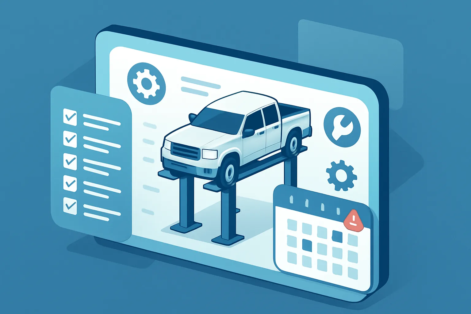Ilustración isométrica de una bitácora digital de mantenimiento vehicular con alertas de servicio programado