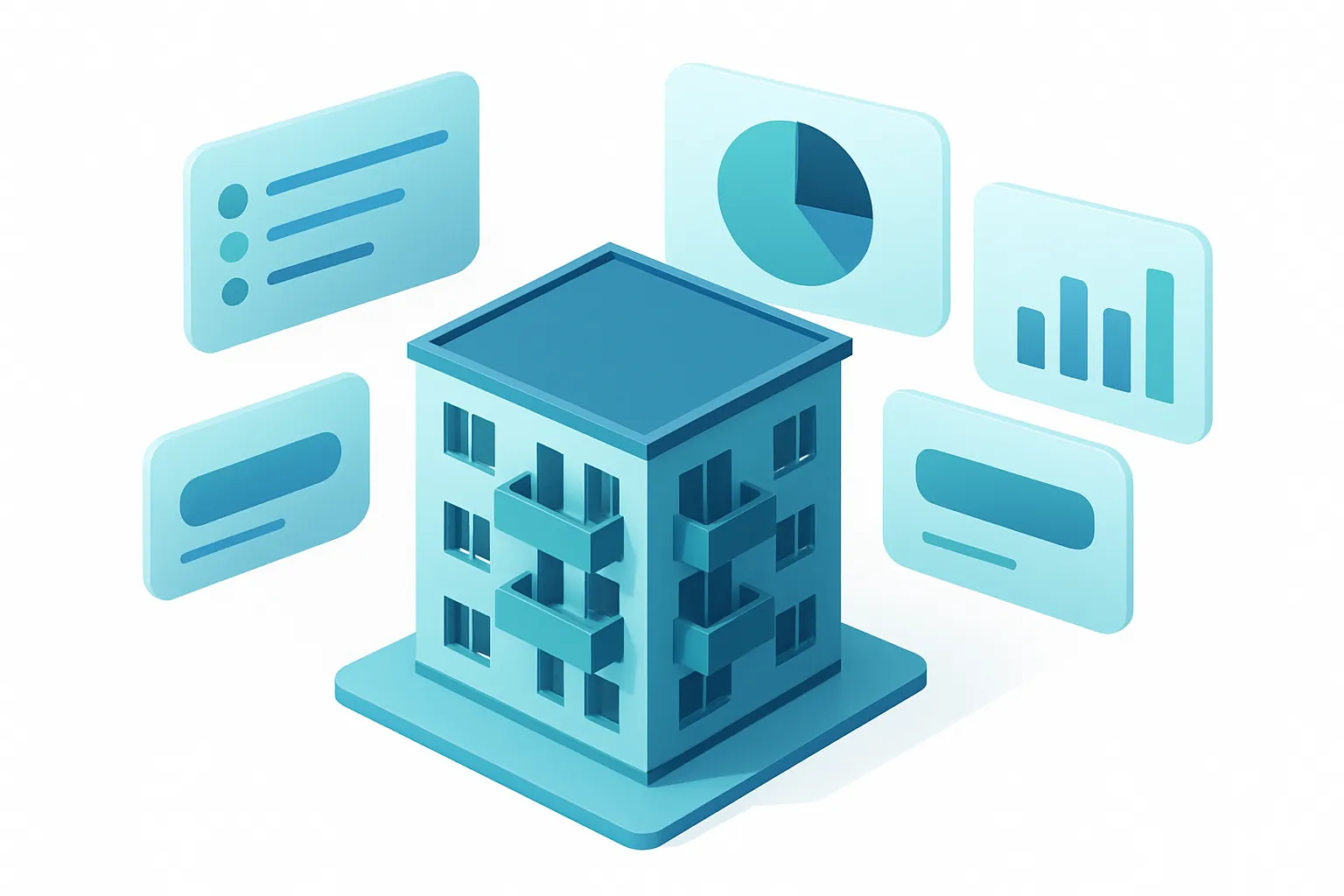 Ilustración isométrica de un panel de administración de condominios con cuotas, mantenimiento y accesos conectados