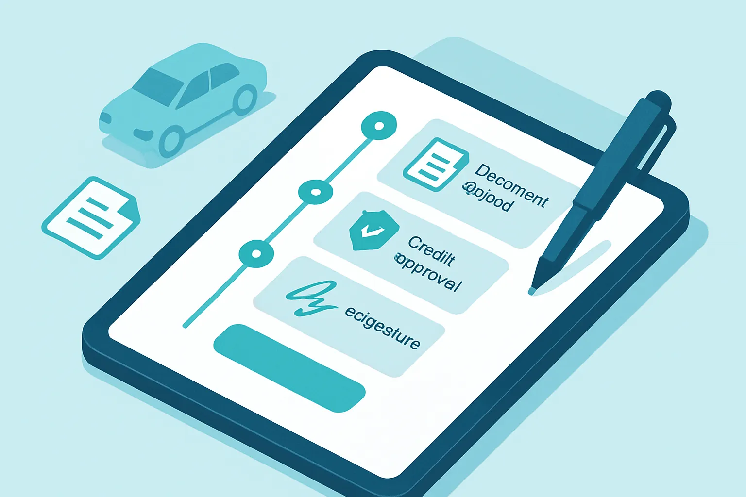 Ilustración isométrica de un expediente de financiamiento digital con etapas de aprobación y firma