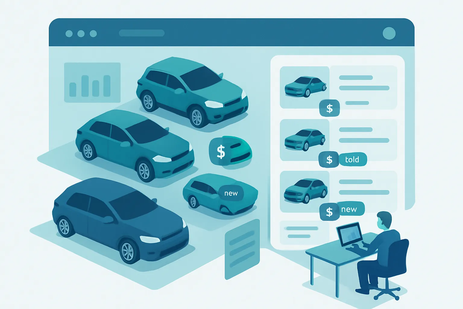 Ilustración isométrica de un sistema de gestión para agencias automotrices con inventario de vehículos, panel de ventas y seguimiento de financiamiento