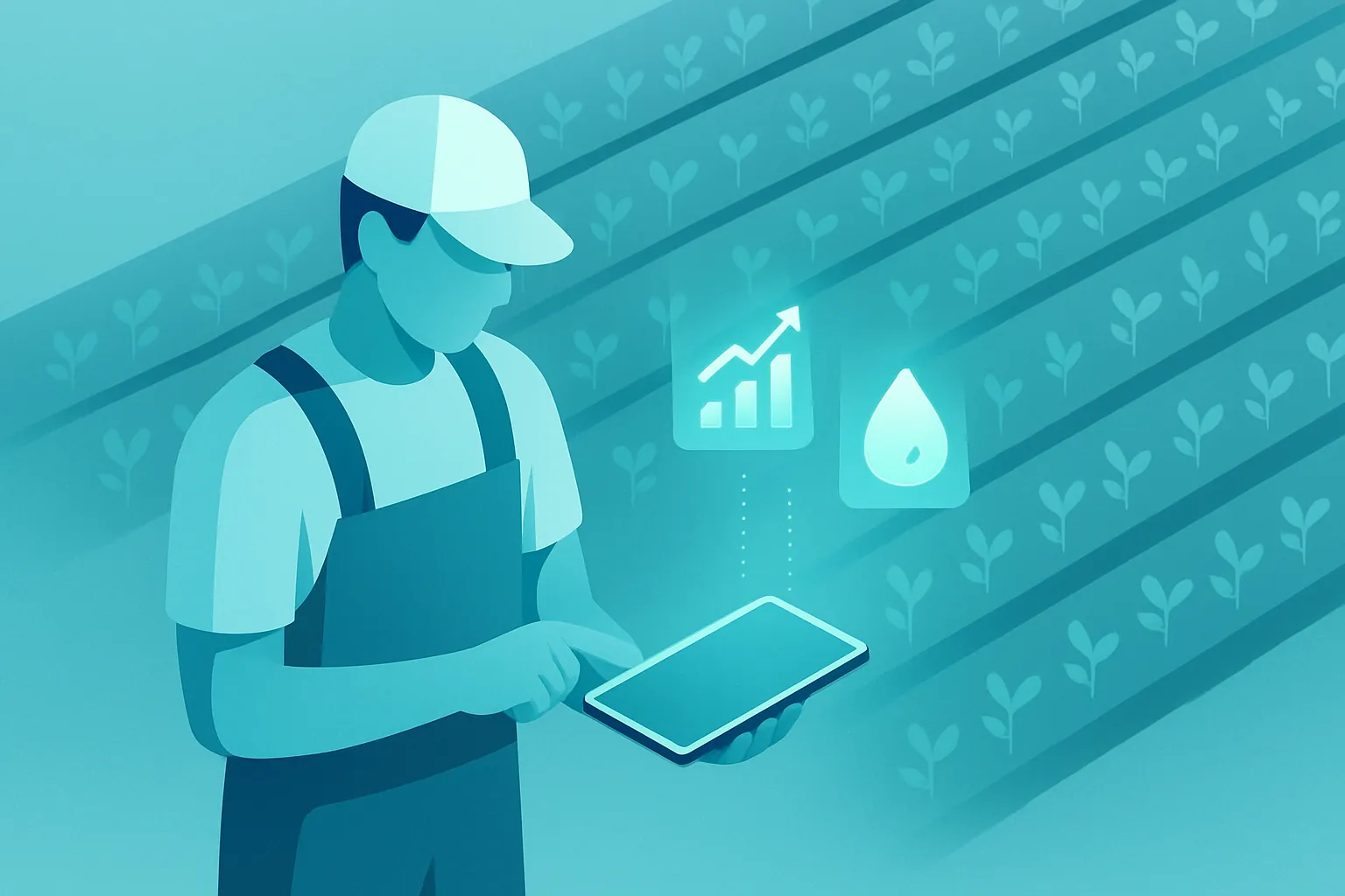 Ilustración isométrica de un trabajador de campo capturando datos de cosecha desde una tablet en una parcela