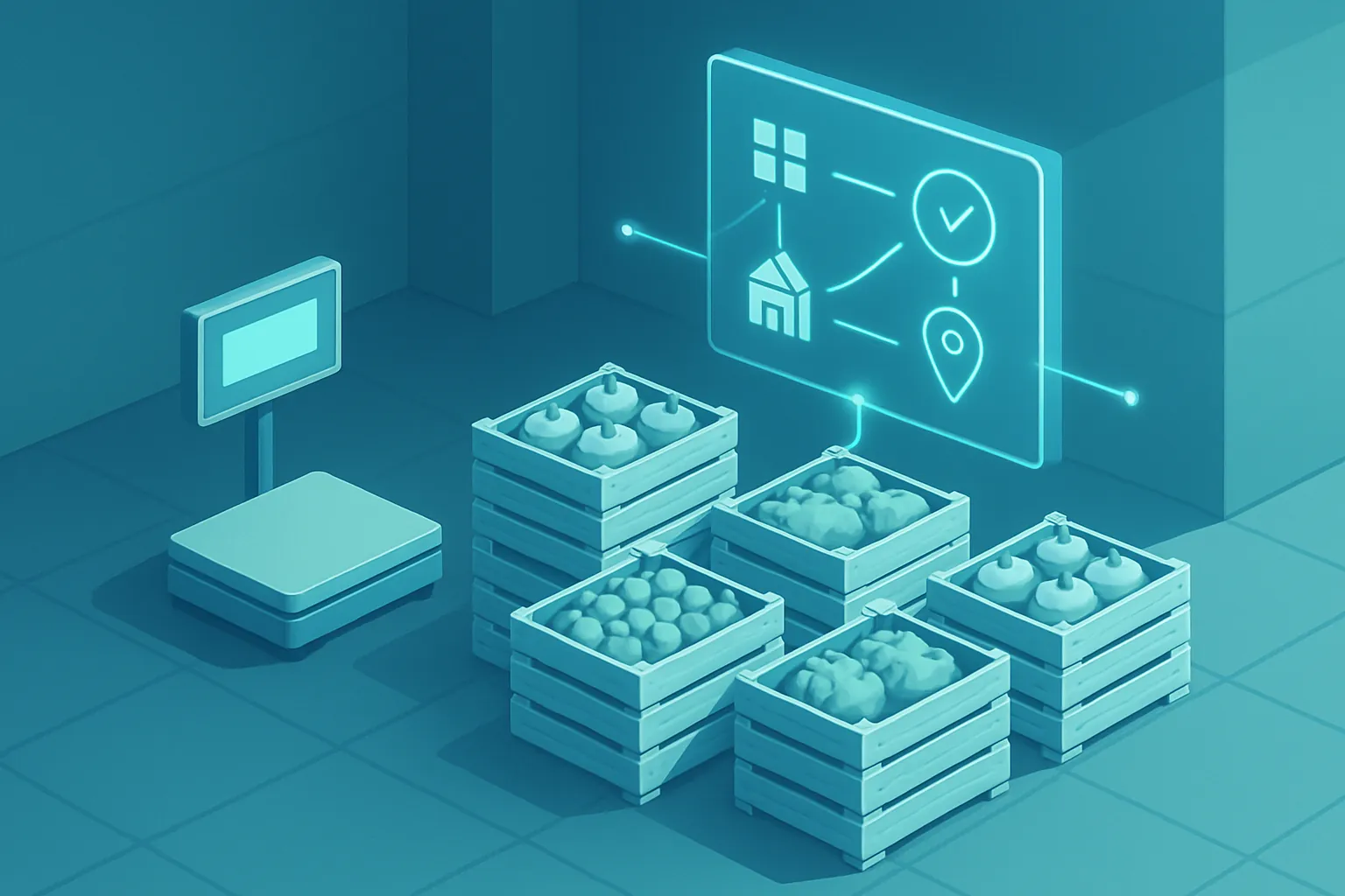 Ilustración isométrica de un almacén agrícola con inventario de insumos y producto empacado conectado a un panel digital