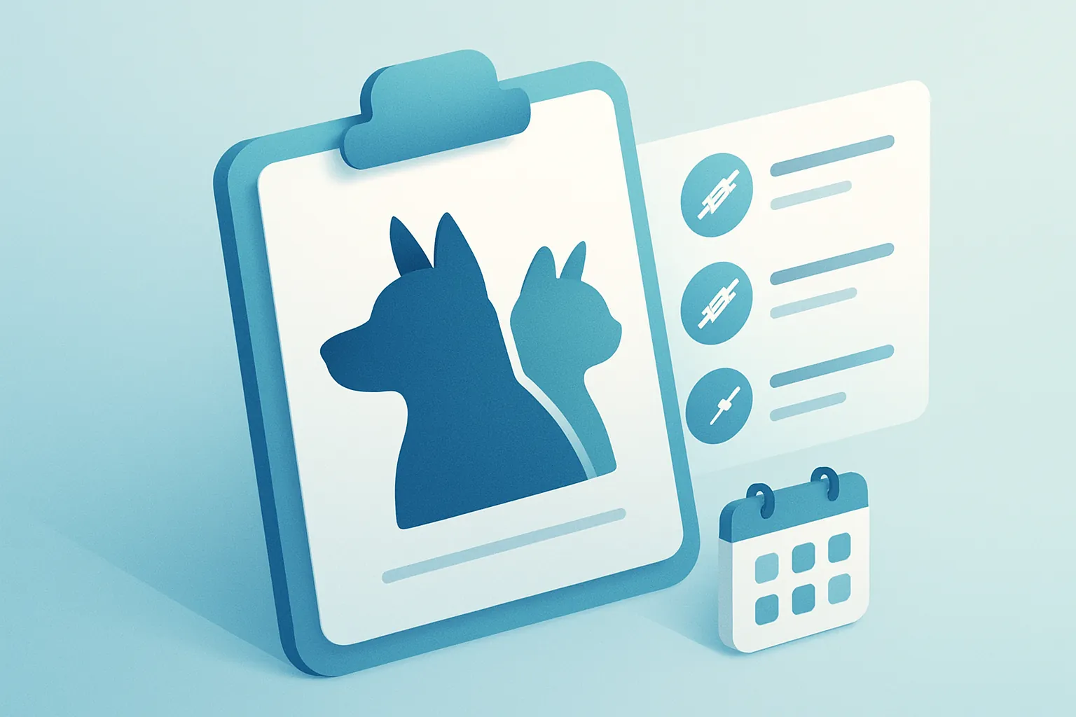 Ilustración isométrica de un expediente clínico digital de una mascota con historial de vacunas y consultas