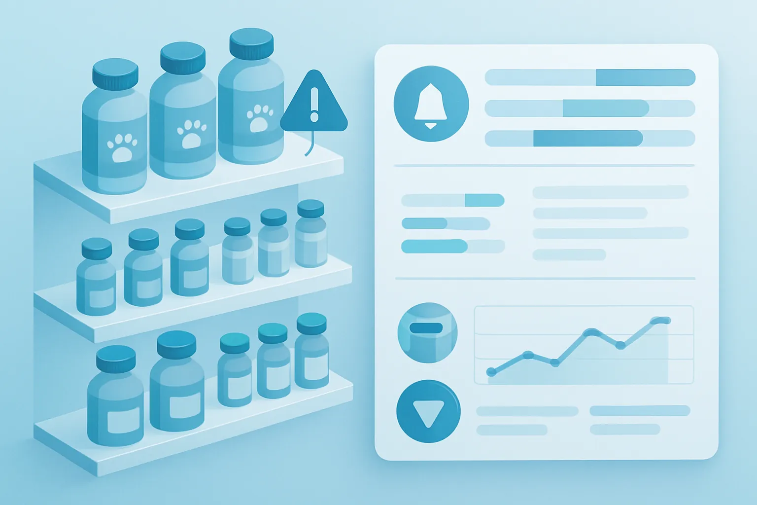 Ilustración isométrica de un panel de inventario de medicamentos veterinarios con alertas de caducidad