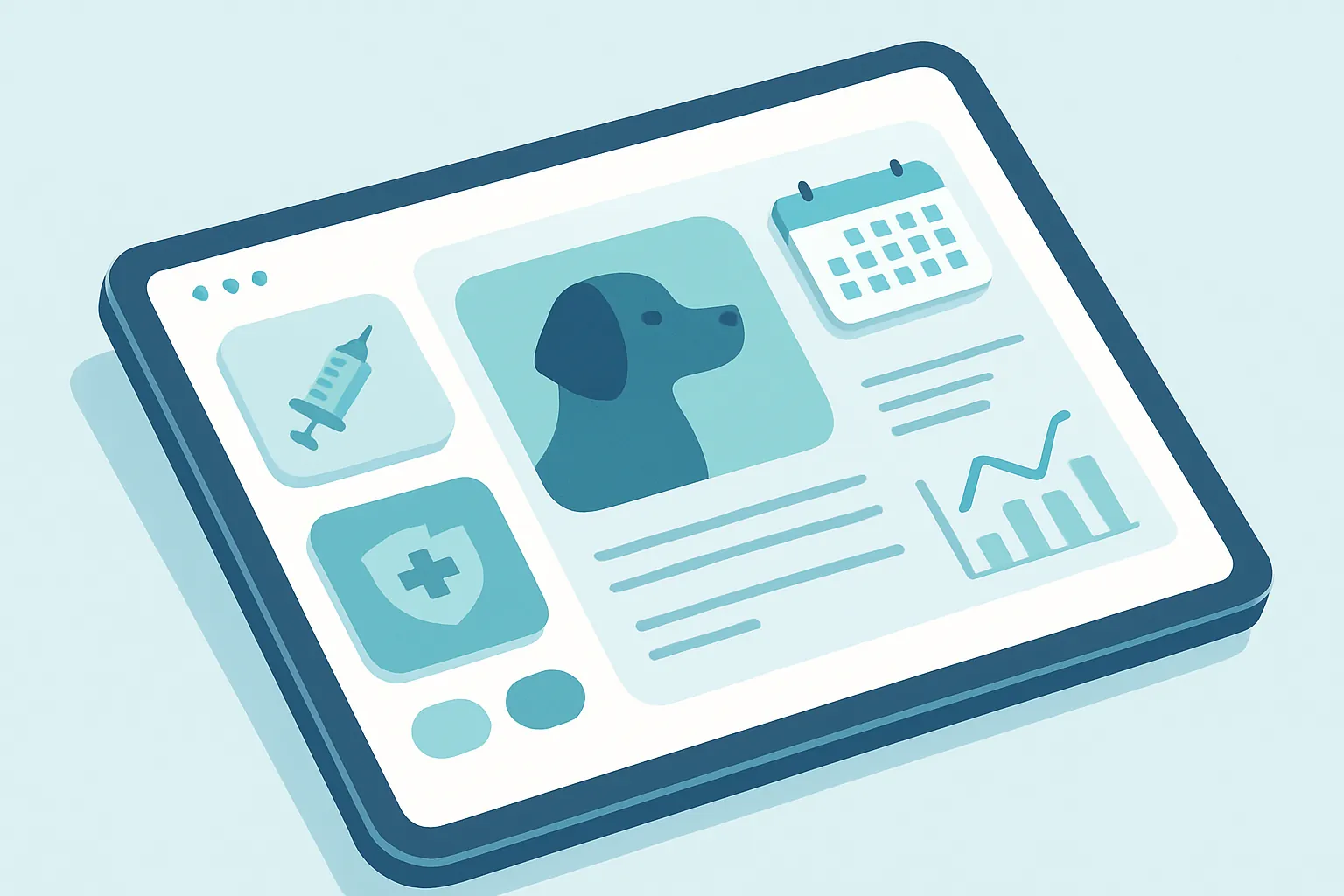 Ilustración isométrica de un sistema de gestión veterinaria con expediente clínico, agenda de citas y control de inventario de medicamentos
