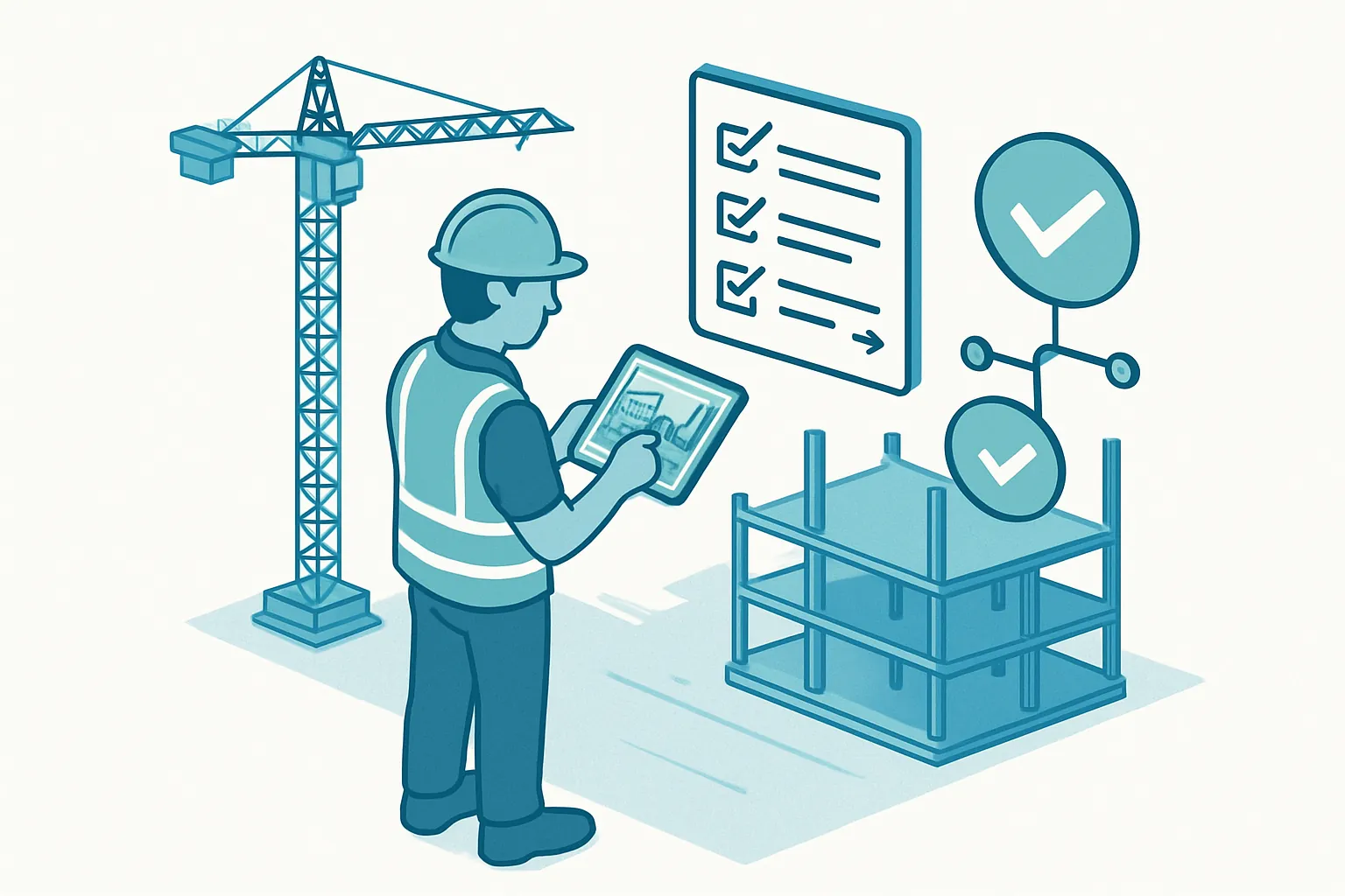 Ilustración isométrica de un flujo de aprobación digital para órdenes de cambio y estimaciones de obra