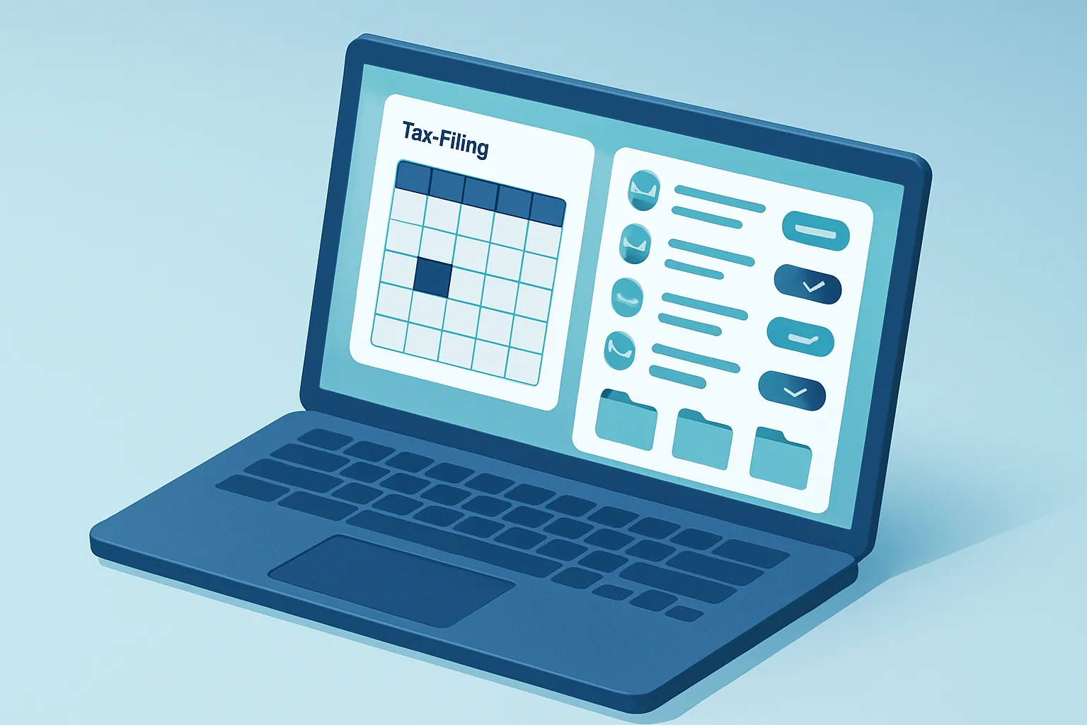 Ilustración isométrica de un sistema de gestión para despachos contables con calendario fiscal, expedientes de clientes y panel de carga de trabajo