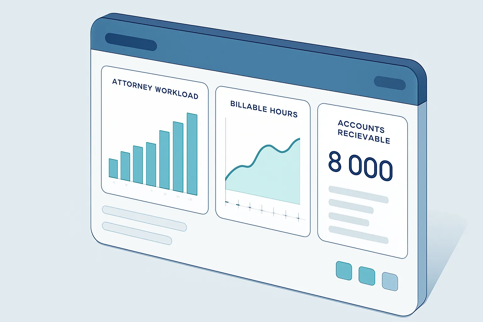 Dashboard de despacho legal mostrando carga de trabajo por abogado, horas facturables y cartera de cobranza