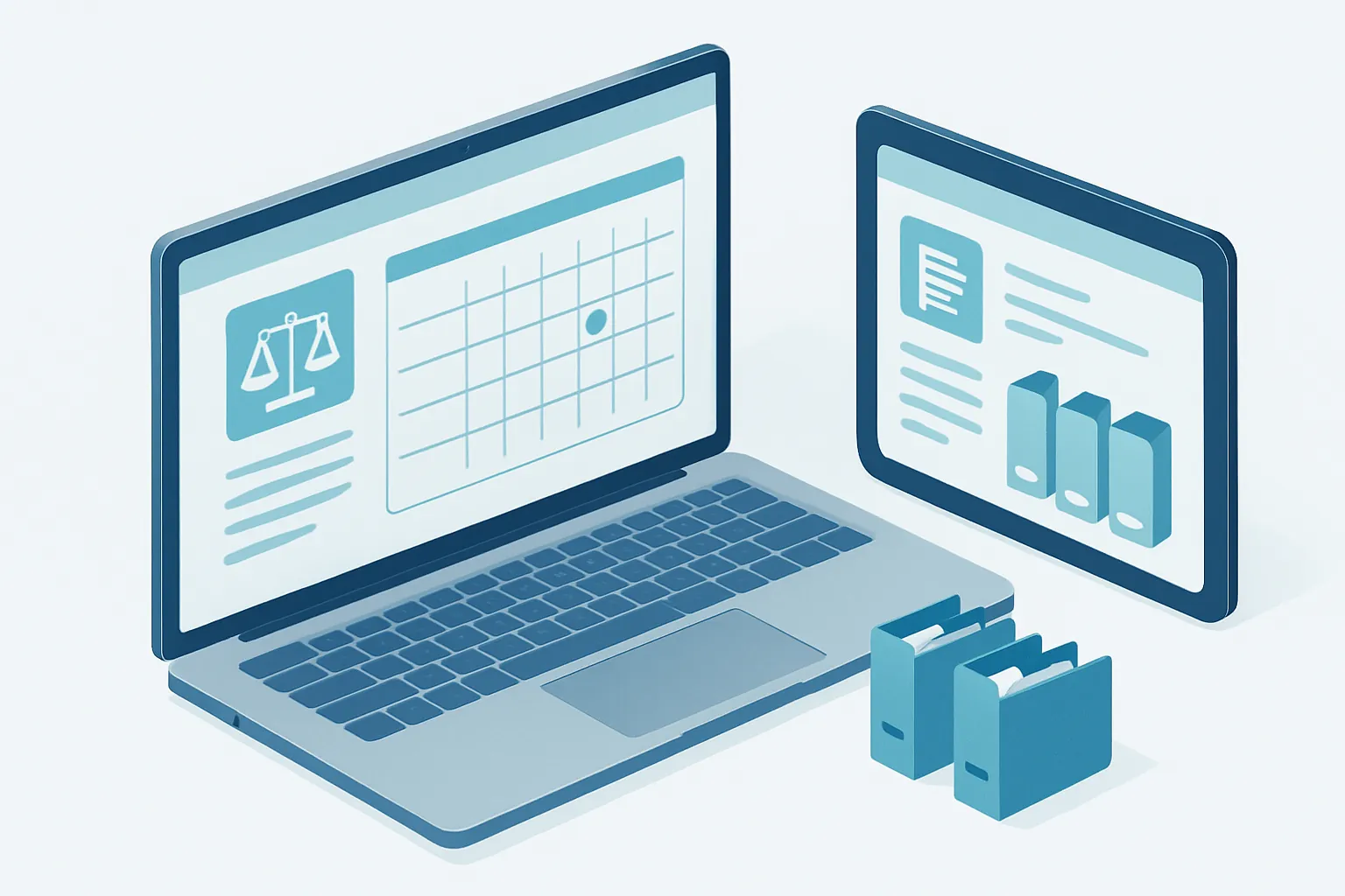 Ilustración isométrica de un dashboard de gestión legal con expedientes de casos, calendario de plazos y panel de facturación