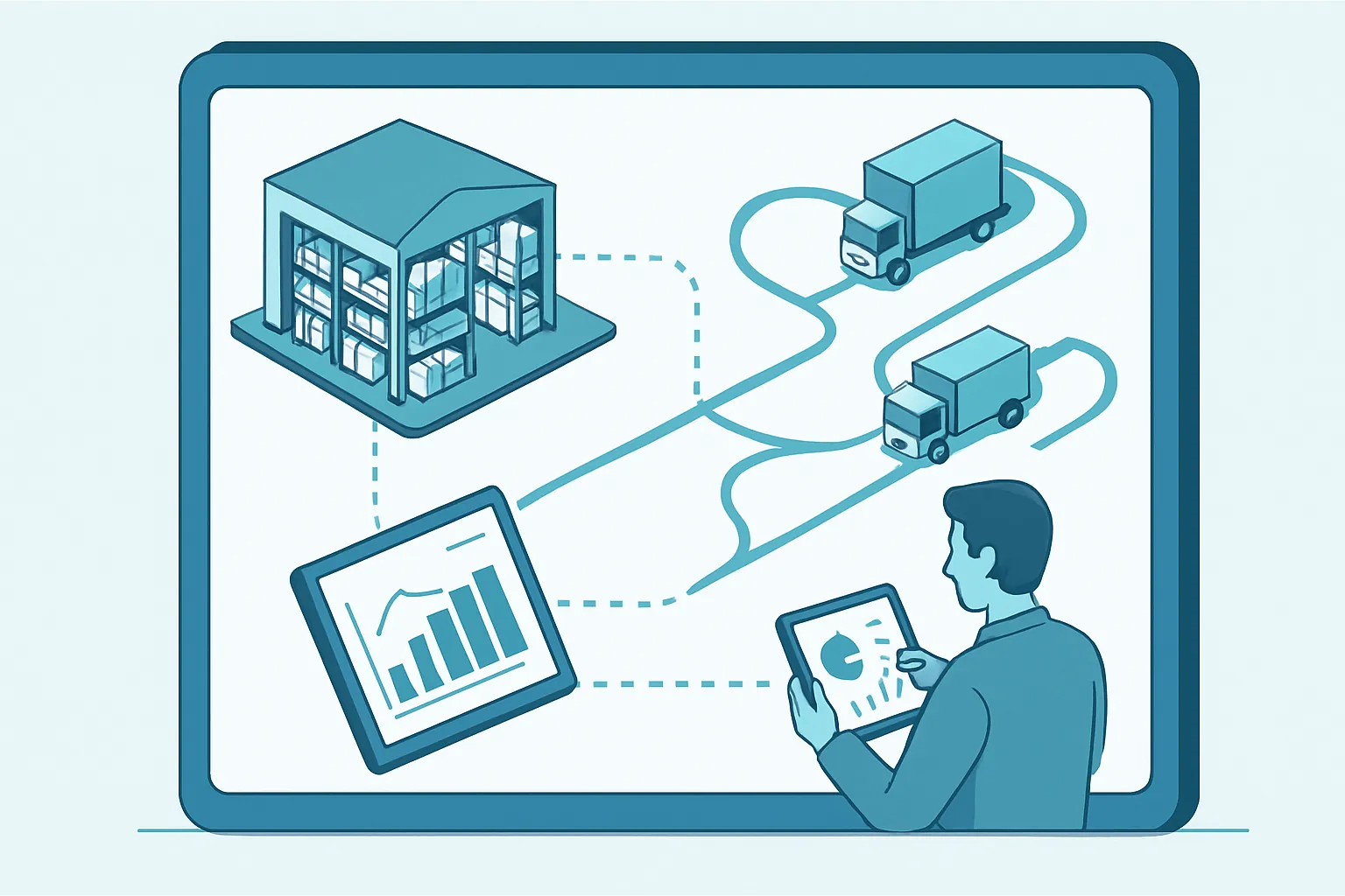 Ilustración isométrica de un panel de control para distribuidoras con rutas de venta, almacén e inventario conectados