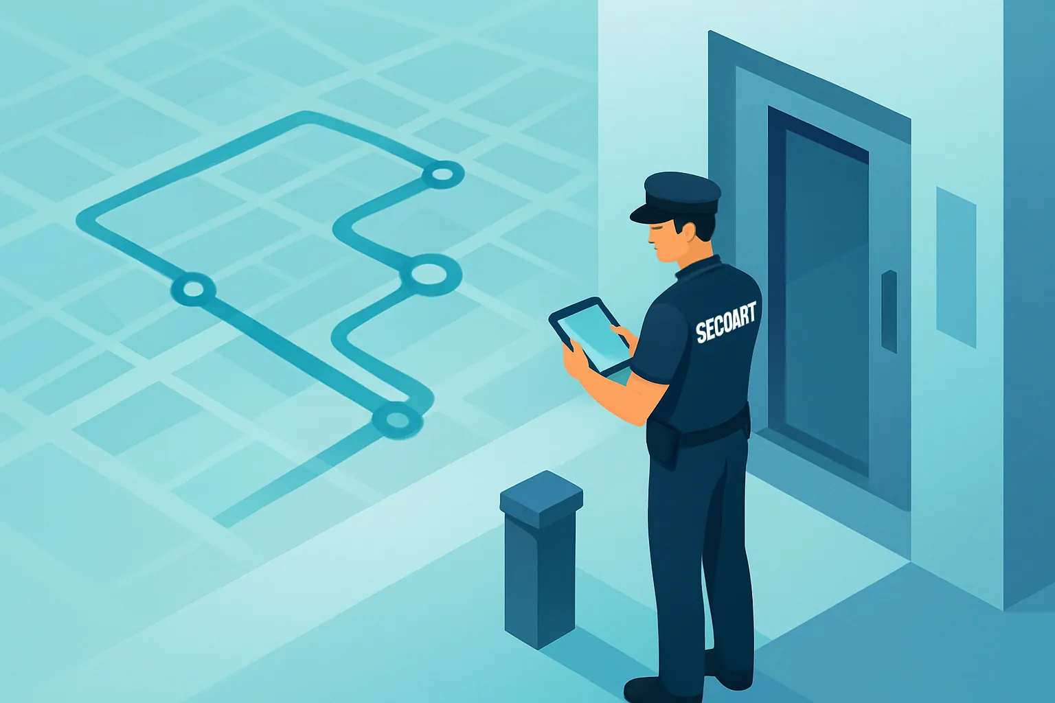 Ilustración isométrica de un guardia de seguridad con una tableta frente a un edificio, con una ruta de patrullaje de fondo