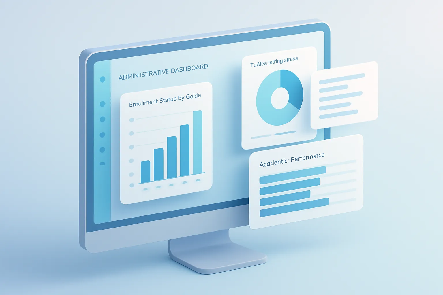 Ilustración isométrica de un dashboard administrativo con matrícula, cobranza y desempeño académico por grado