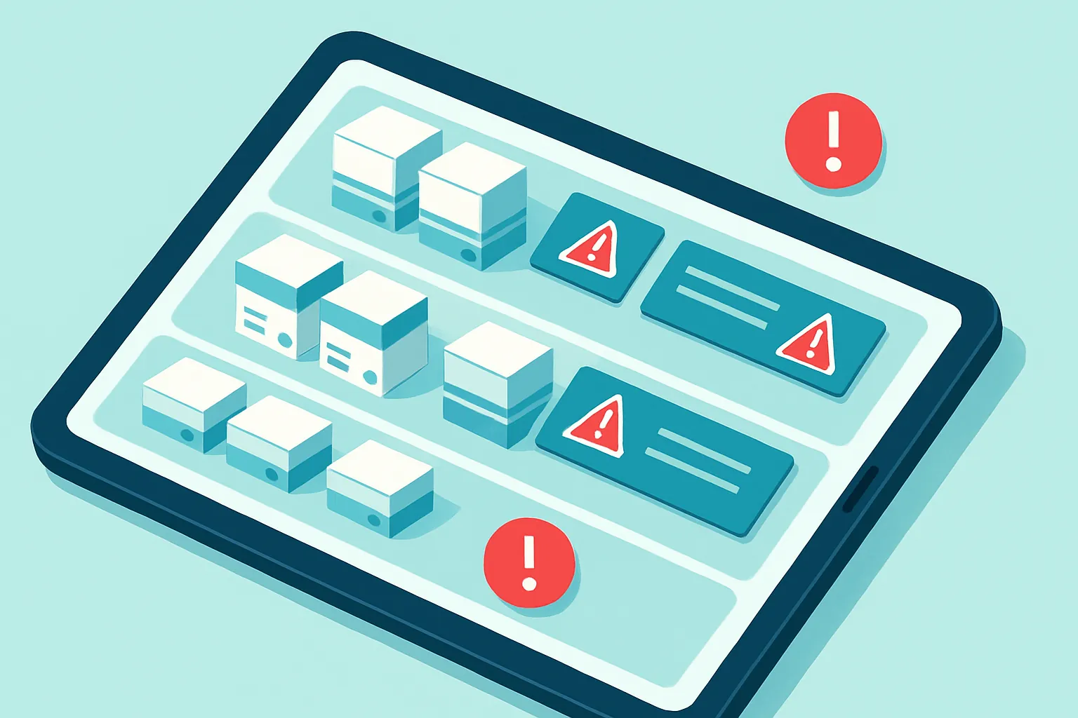 Ilustración isométrica de un panel de inventario de farmacia con alertas de caducidad por lote