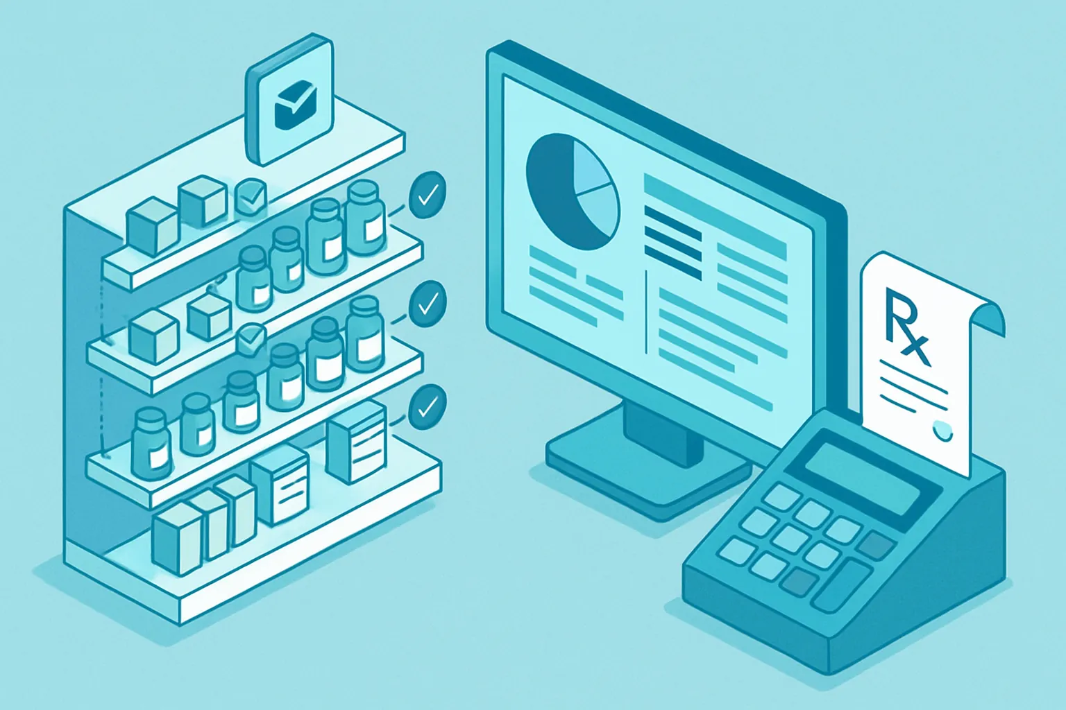 Ilustración isométrica de un sistema de gestión de farmacia con inventario, punto de venta y control de recetas