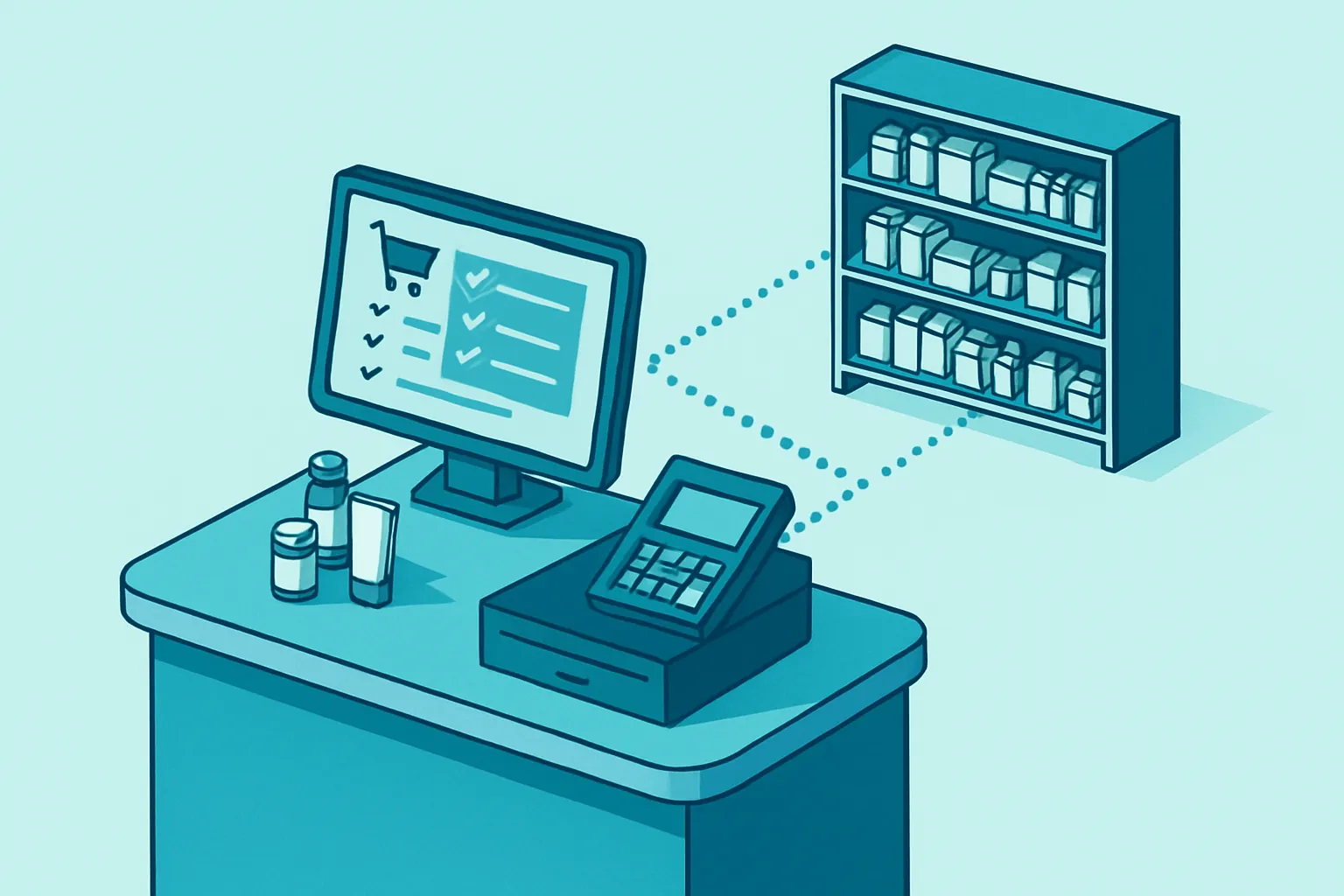 Ilustración isométrica de un punto de venta de farmacia conectado en tiempo real al inventario