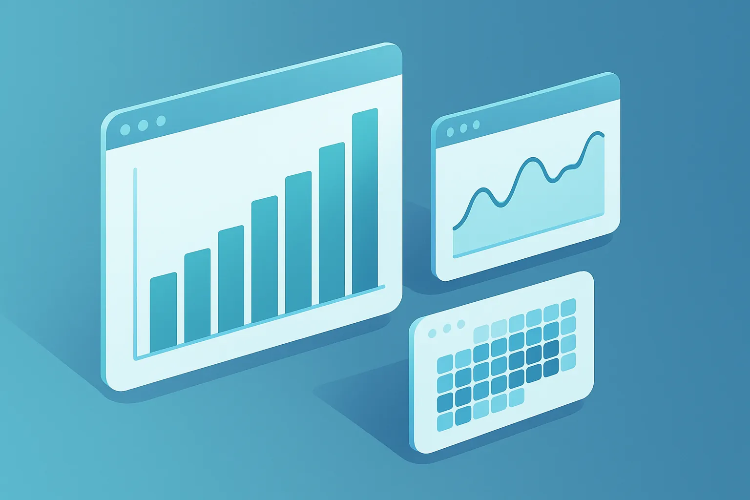 Ilustración isométrica de un dashboard de analítica con tasa de renovación y ocupación de clases